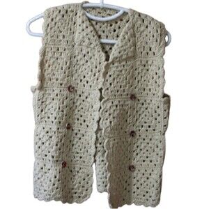 Vintage Handmade Tan Knit Crochet Vest Colorful Button Detail Large